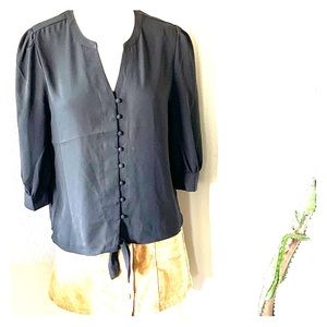 High Low Split Neck Button Up Black Blouse SM